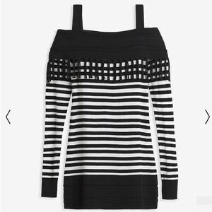 Cold Shoulder Fringe Tunic Long Sleeve Sweater Women Small Black+ Wh Stripe WHBM